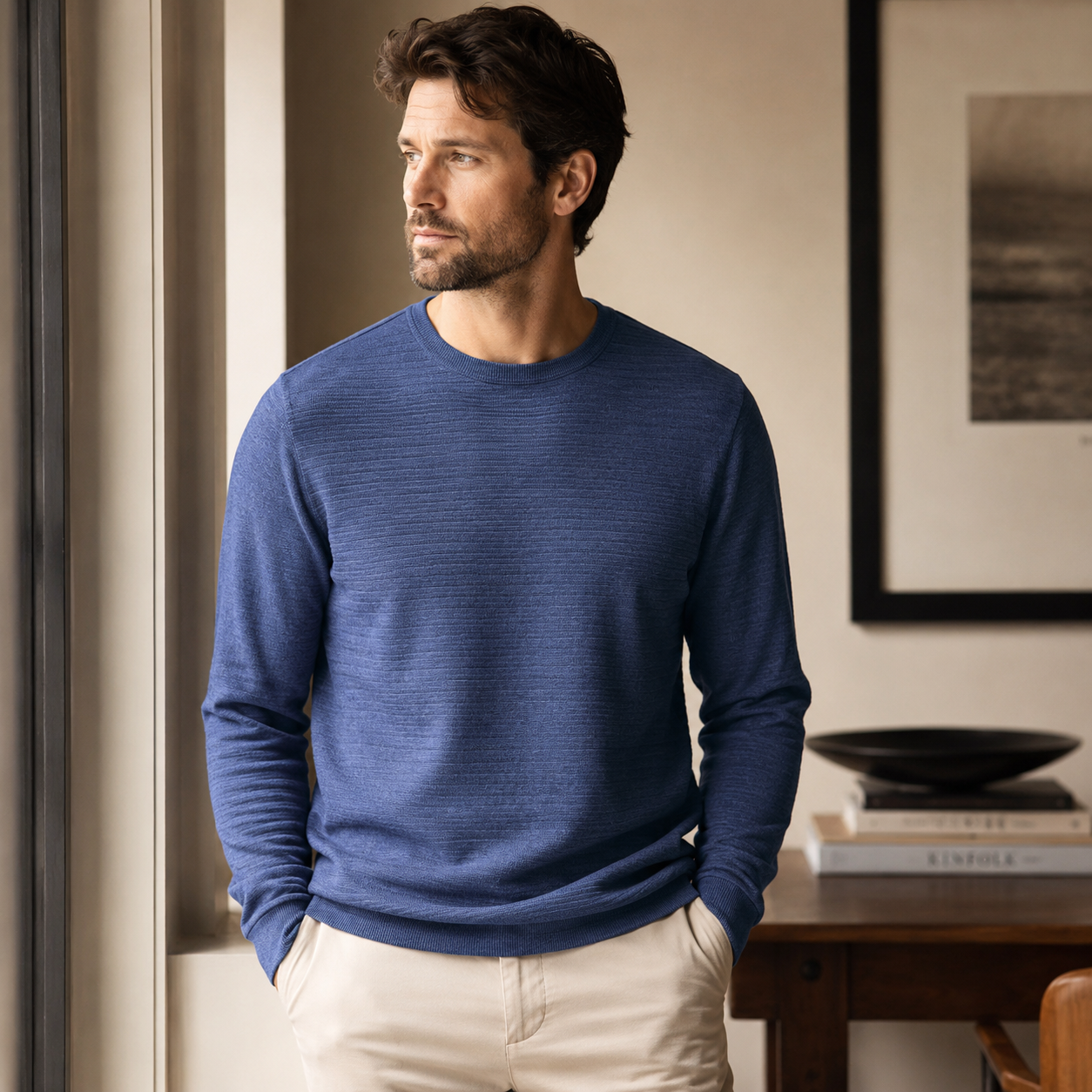 Waffle Long Sleeve Crew Neck - Navy