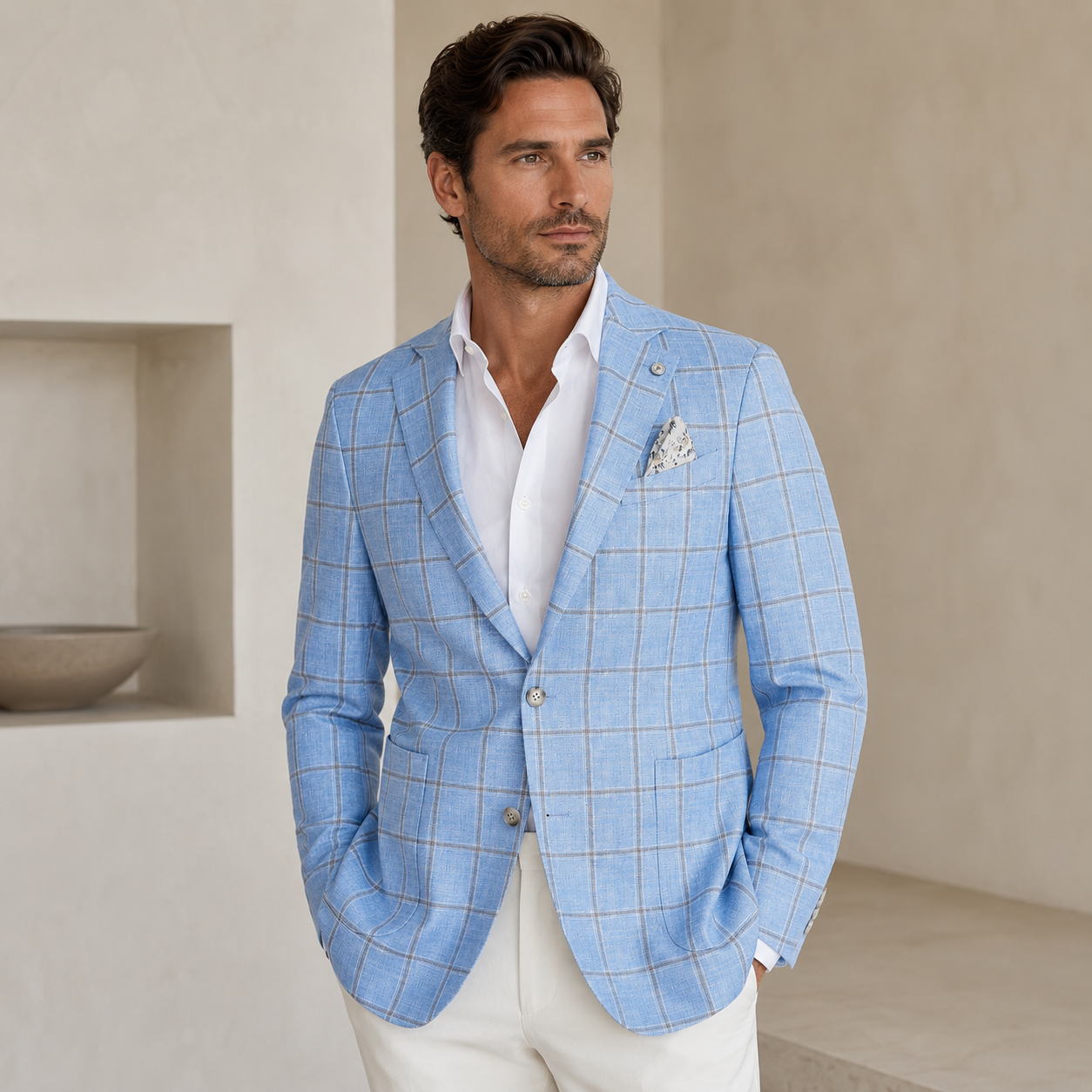 Light Blue/Beige Windowpane Sport Coat