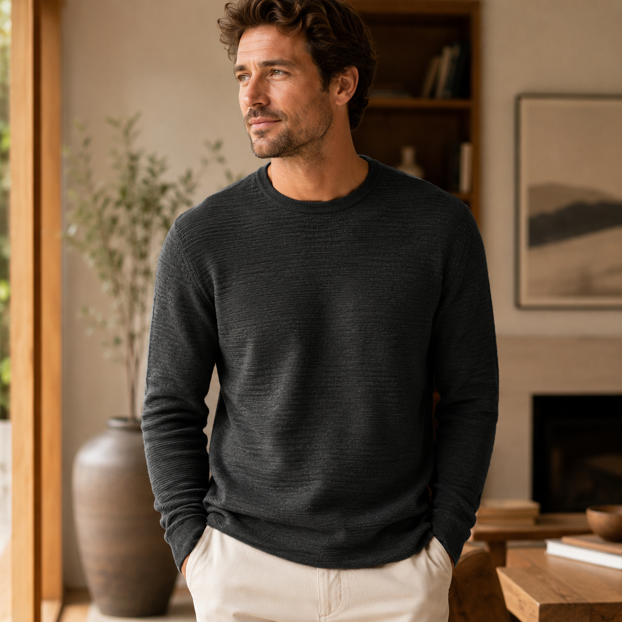 Waffle Long Sleeve Crew Neck - Black