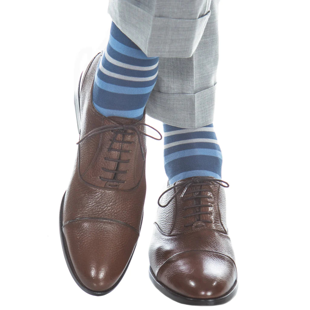 Indigo Blue with Azure Blue and Ash Double Stripe Cotton Sock