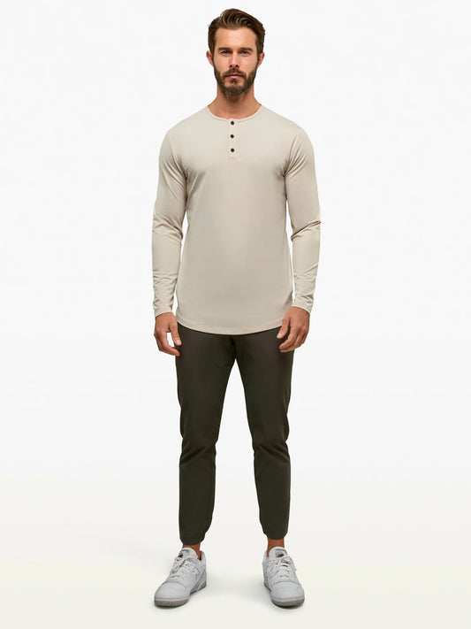AO Long Sleeve Henley Curve Hem - Clay