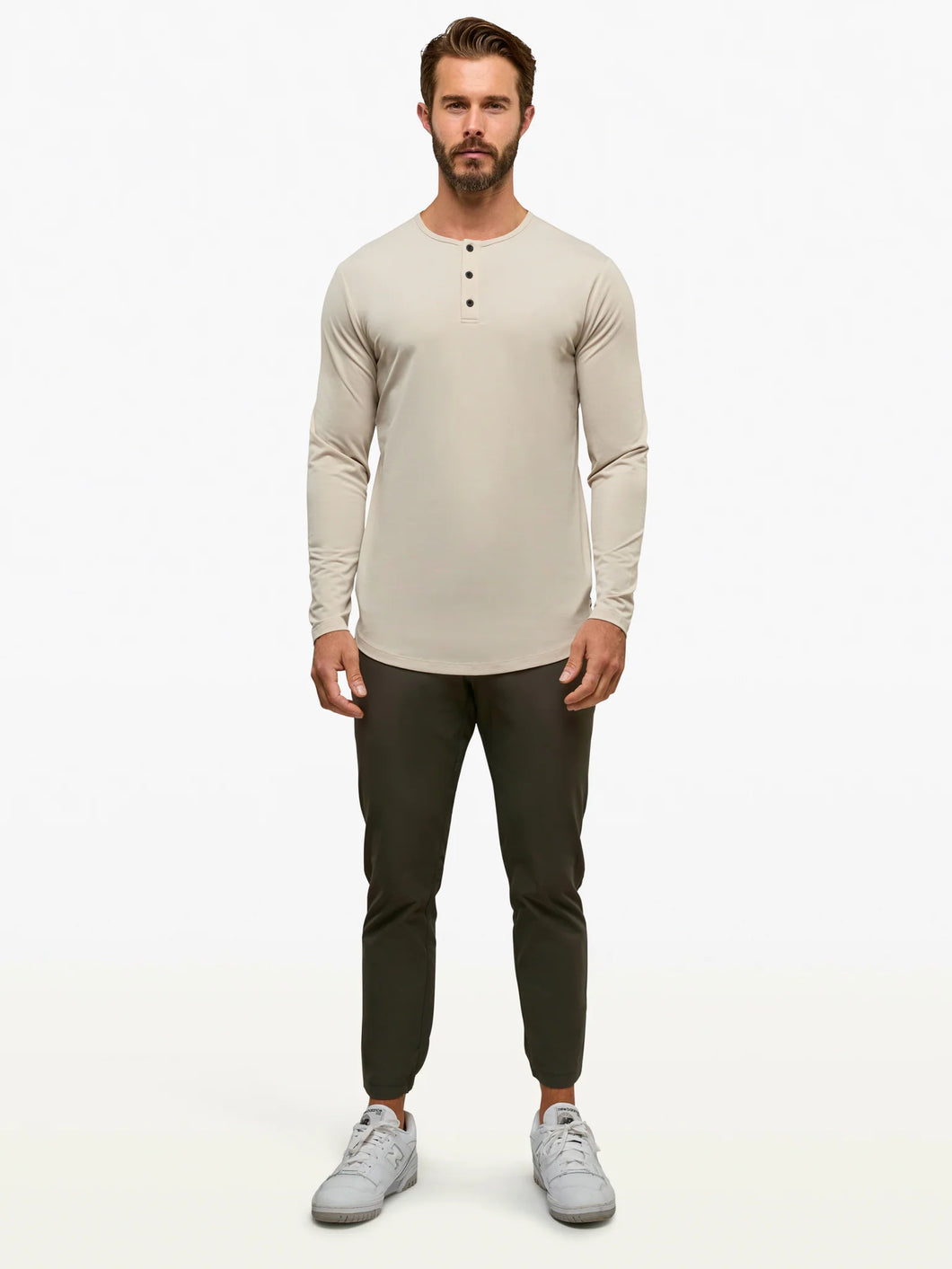 AO Long Sleeve Henley Curve Hem - Clay