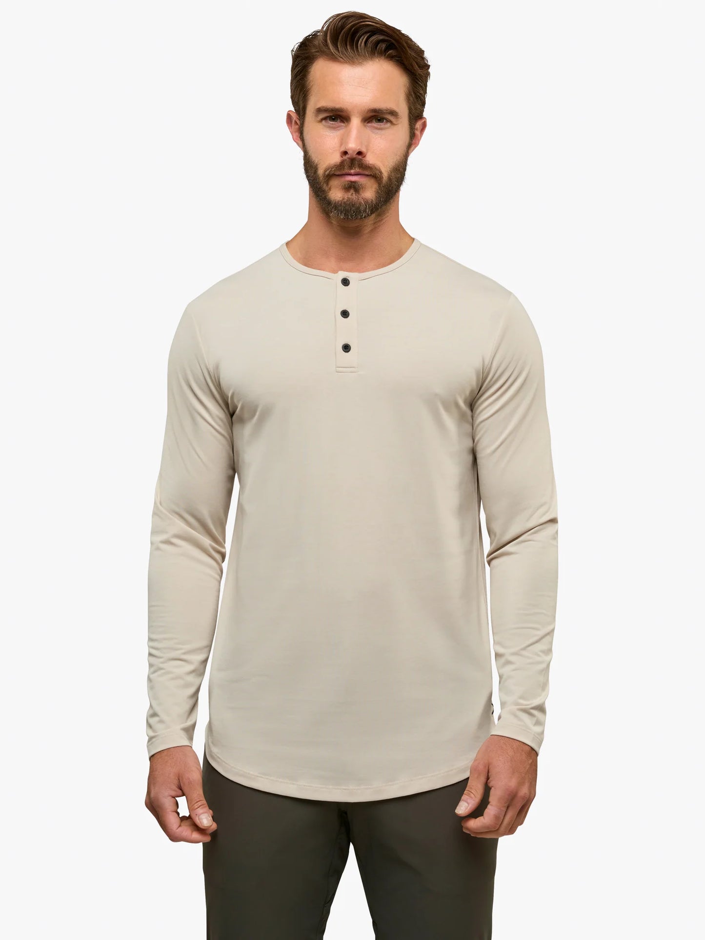 AO Long Sleeve Henley Curve Hem - Clay