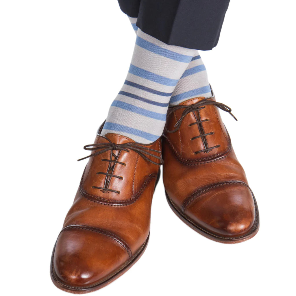 Ash with Azure Blue and Indigo Blue Double Stripe Cotton Sock