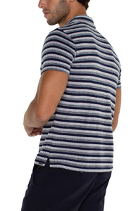 Short Sleeve Polo - Navy White Melange Stripe