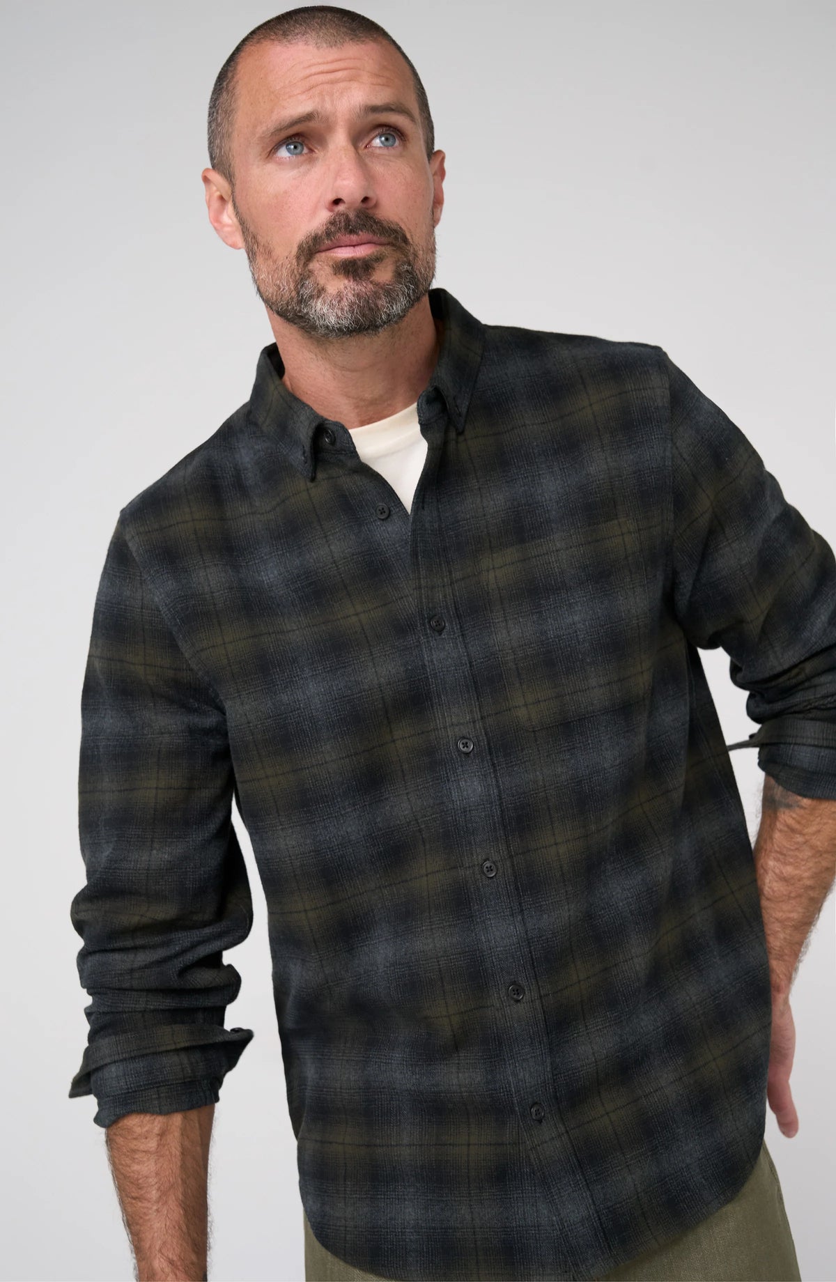 Long Sleeve Button Up Shirt - Olive Grey Multi