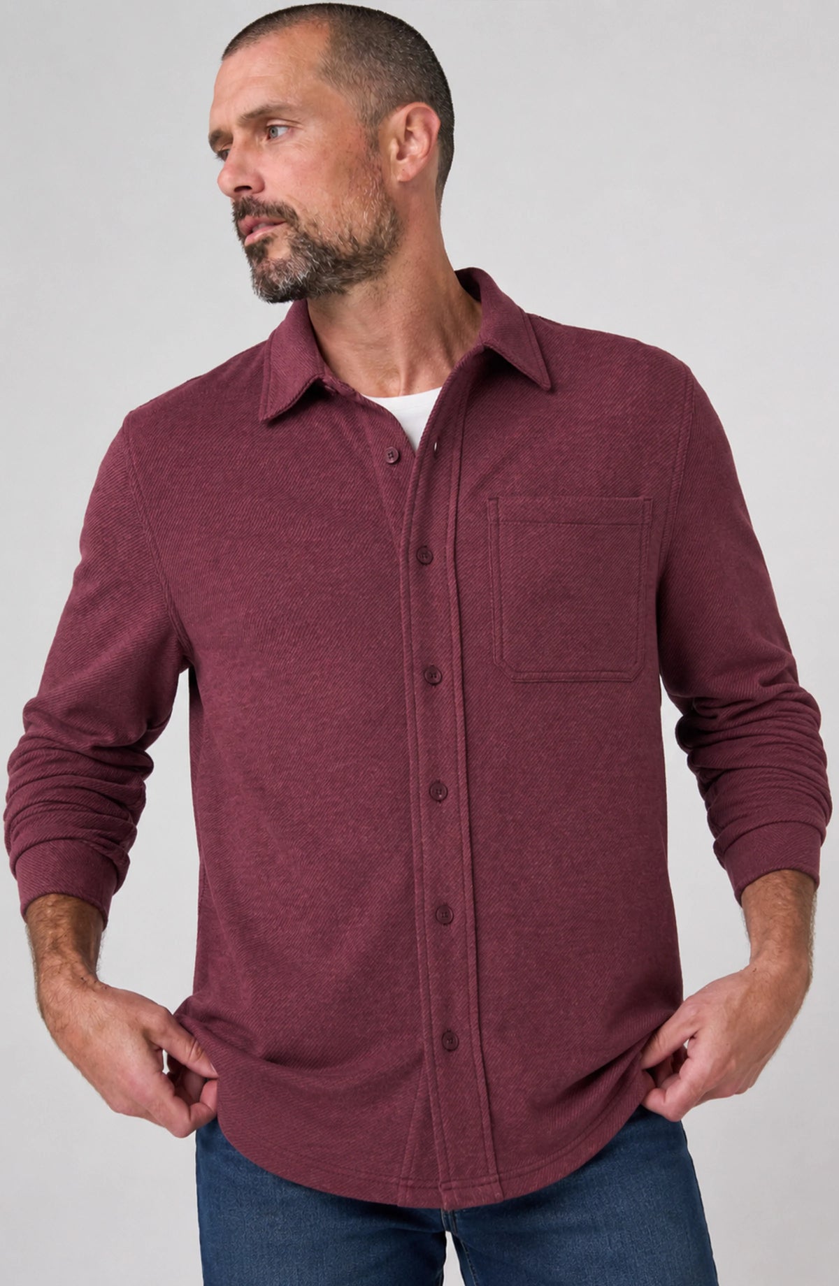 Long Sleeve Button Up Knit Shirt - Windsor wine