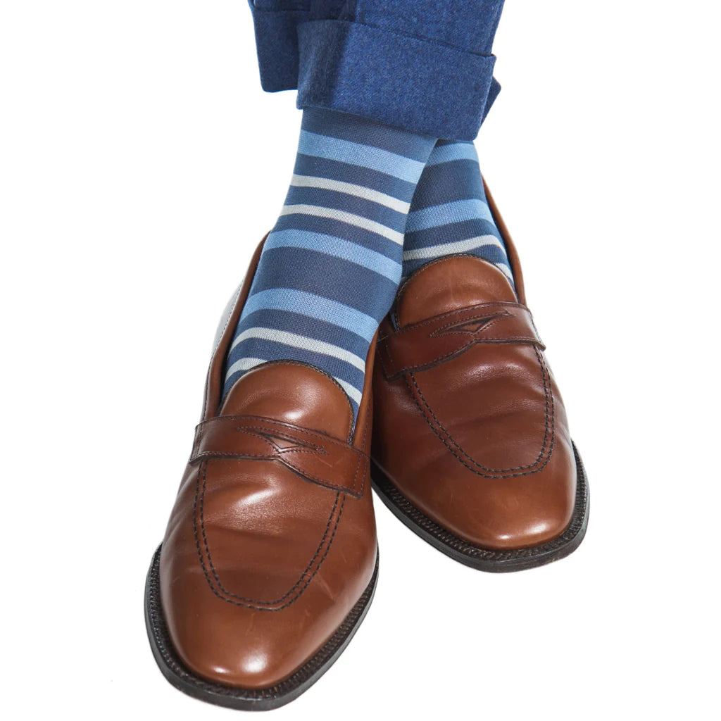 Indigo Blue with Azure Blue and Ash Double Stripe Cotton Sock