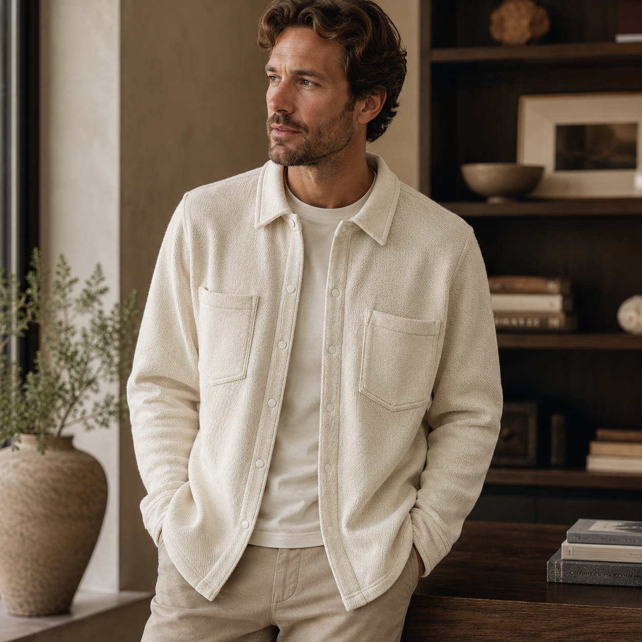 Looped Terry Button Up - Ecru