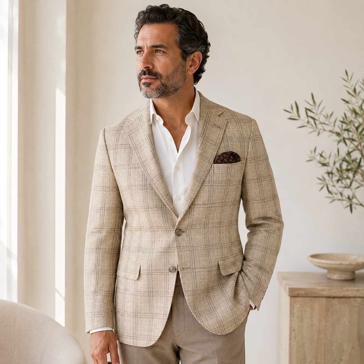 Beige/Off White Plaid Sport Coat