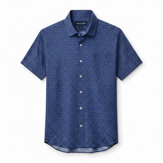 Mac & Clay Halyard Short Sleeve shirt in midnight navy with a variegated leaf print. Lightweight, moisture-wicking polyester-spandex blend.