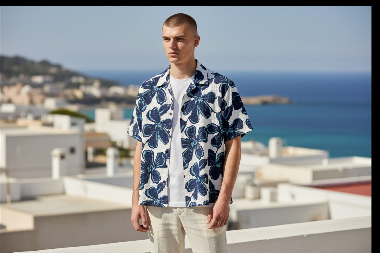 Mac & Clay Hamilton Bay SS Shirt: White short-sleeve shirt with a textured fabric and a bold navy blue floral print.
