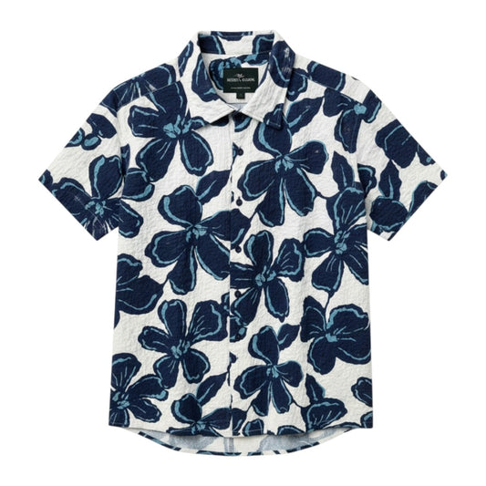 Mac & Clay Hamilton Bay SS Shirt: White short-sleeve shirt with a textured weave and a bold navy floral print.