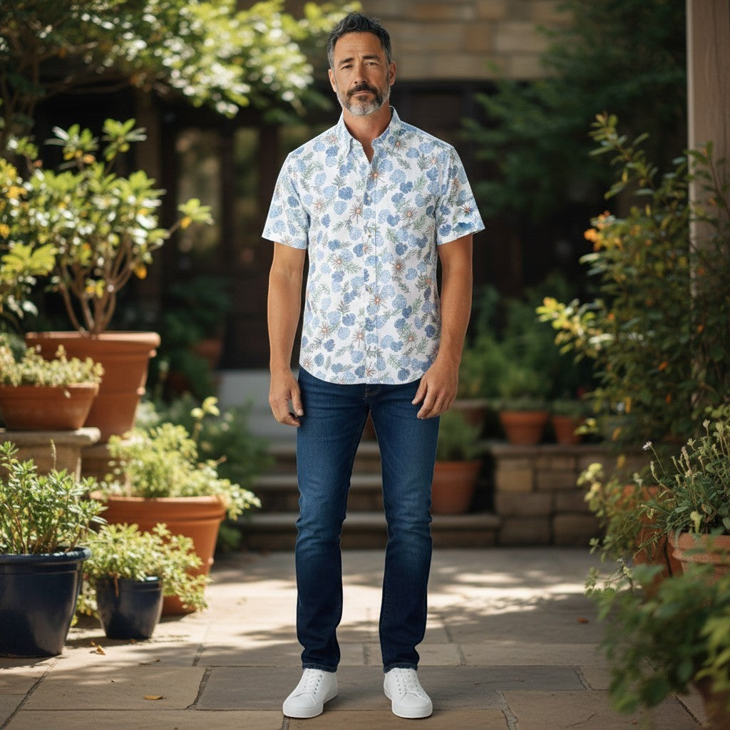 Mac & Clay SS Tech Pique Resort Print short sleeve shirt with blue and green floral pattern.