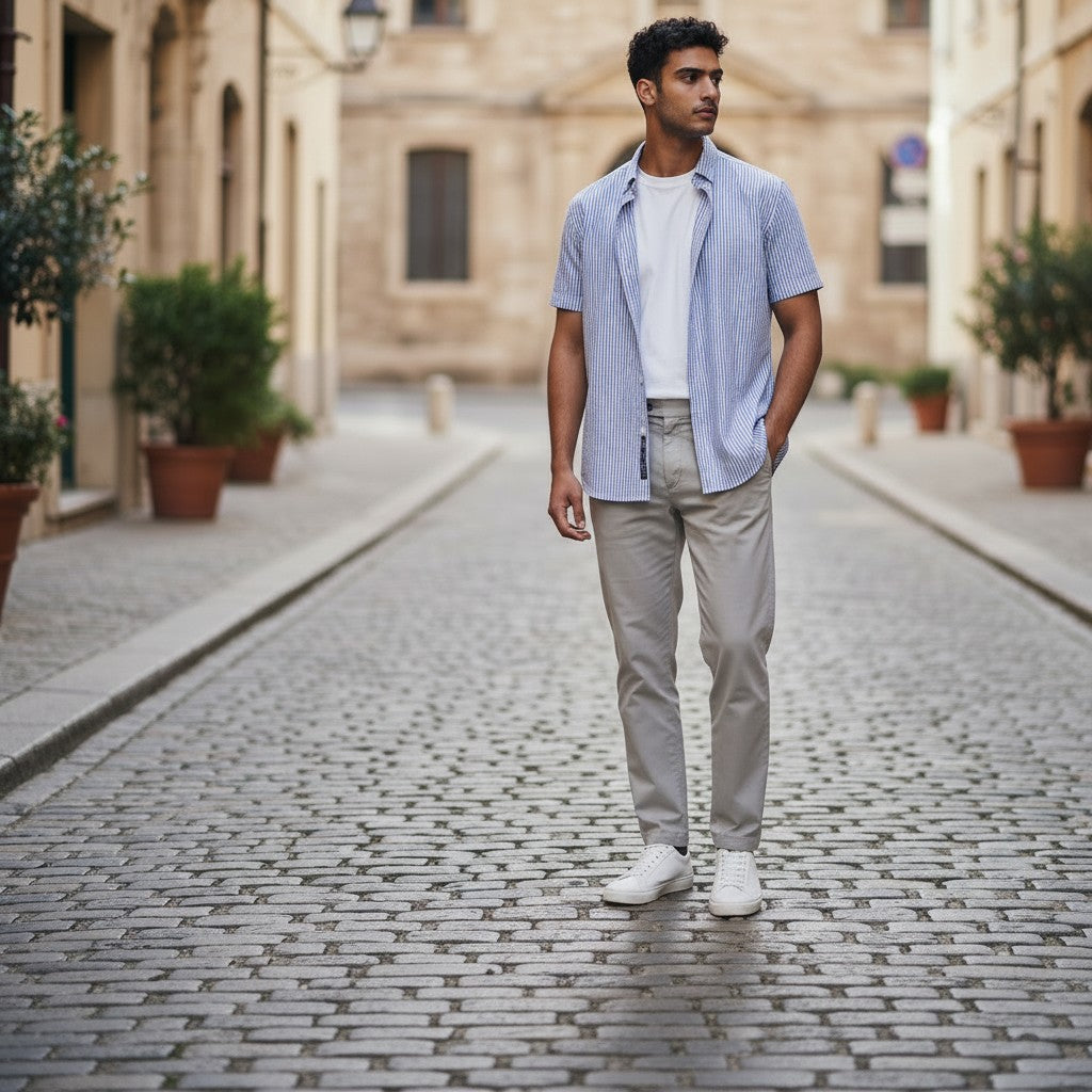 Mac & Clay blue and white seersucker striped 100% cotton short-sleeve shirt worn open over a white tee.