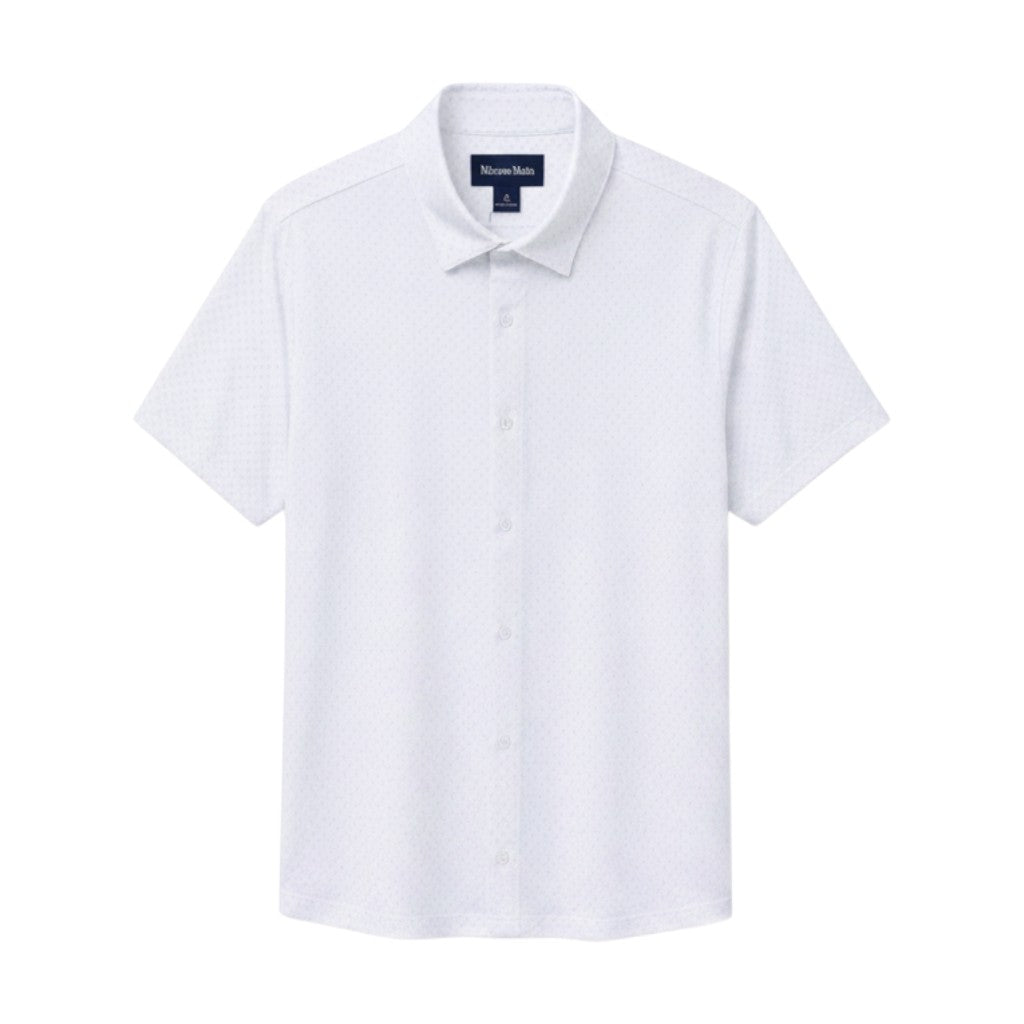 Mac & Clay Short Sleeve Halyard shirt in white petal hatch pattern. Button-up, collared, short-sleeve design.