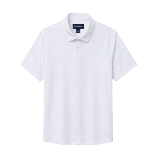 Mac & Clay Short Sleeve Halyard shirt in white petal hatch pattern. Button-up, collared, short-sleeve design.