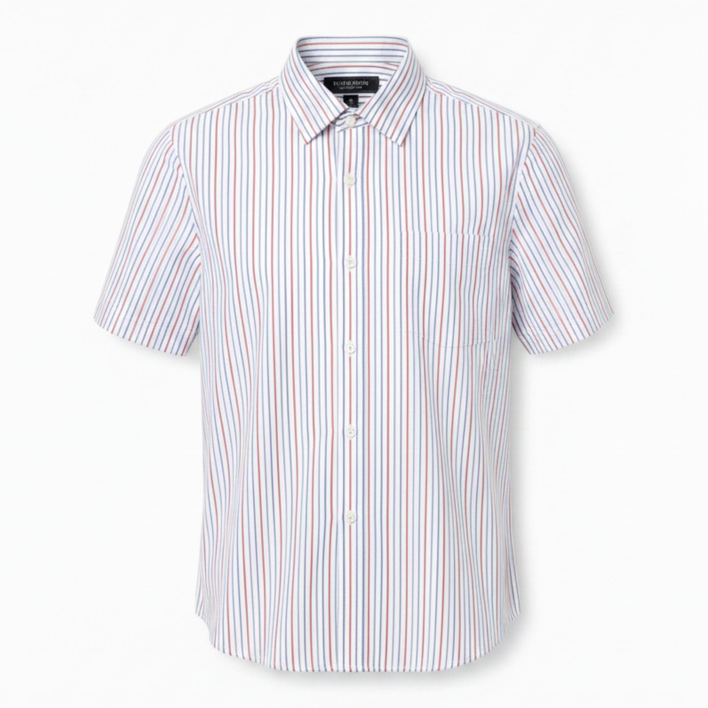 Mac & Clay short sleeve button-up shirt with red and blue vertical stripes. Classic collar and chest pocket.
