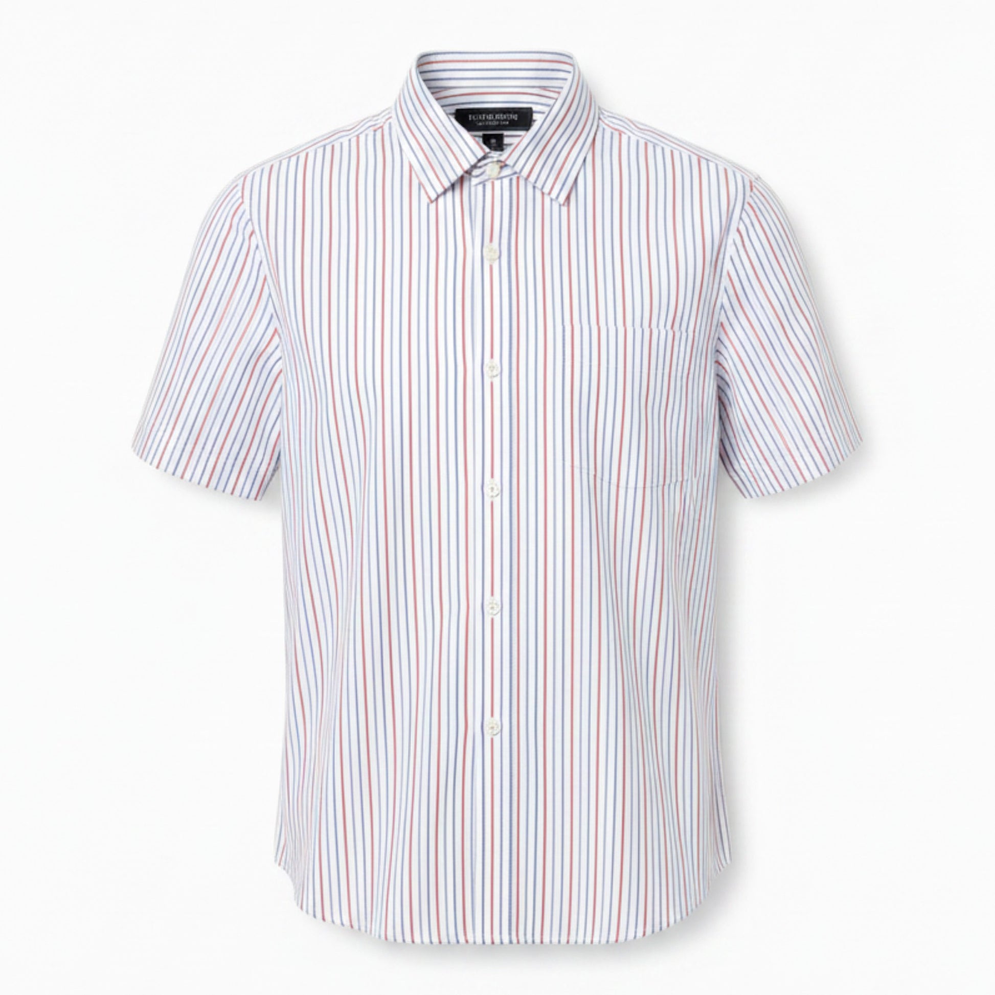 Mac & Clay short sleeve button-up shirt with red and blue vertical stripes. Classic collar and chest pocket.