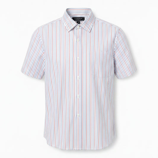 Mac & Clay short sleeve button-up shirt with red and blue vertical stripes. Classic collar and chest pocket.