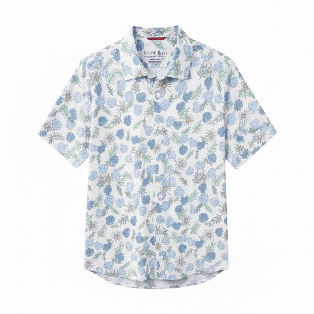 Mac & Clay SS Tech Pique Resort Print short sleeve shirt with blue and green floral pattern on white.