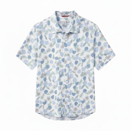 Mac & Clay SS Tech Pique Resort Print short sleeve shirt with blue and green floral pattern on white.