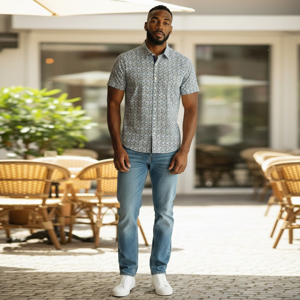 Mac & Clay Tencel floral print short sleeve button-up shirt. 70% Cotton, 27% Tencel, 3% Elastane.