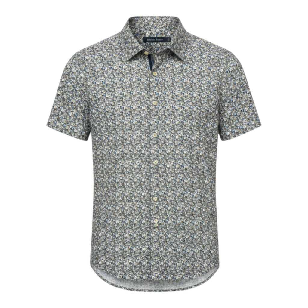 Mac & Clay Tencel floral print short sleeve button-up shirt with a spread collar. Made of cotton, Tencel, and elastane.
