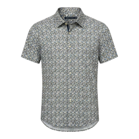 Mac & Clay Tencel floral print short sleeve button-up shirt with a spread collar. Made of cotton, Tencel, and elastane.
