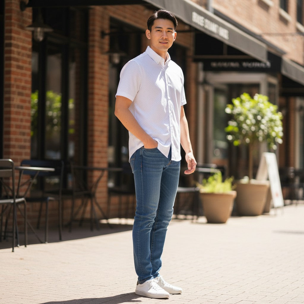 Mac & Clay white short sleeve button-up shirt with a subtle geometric pattern and pointed collar.